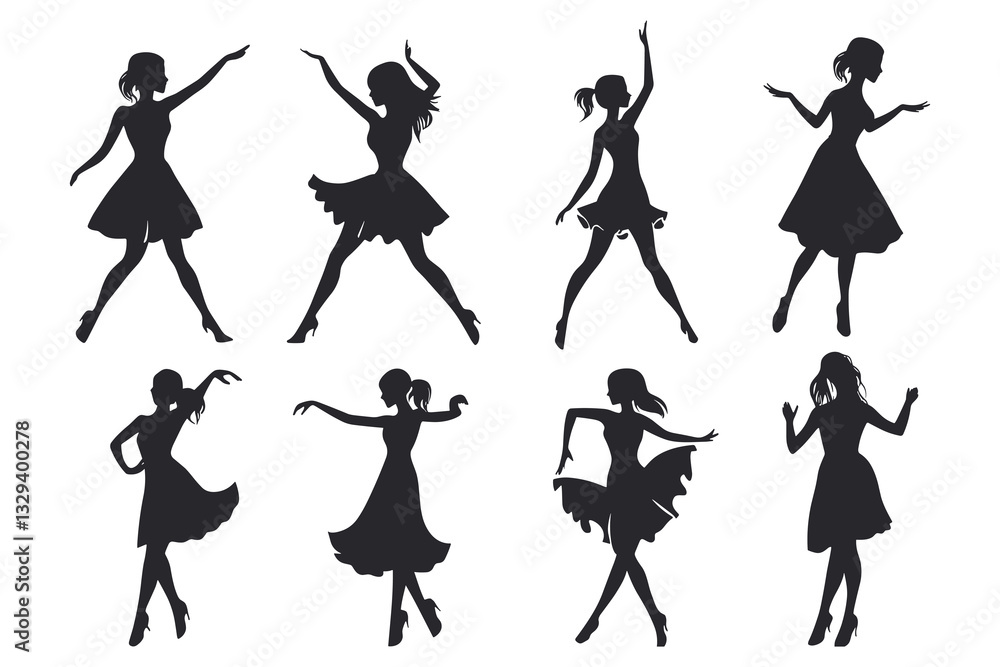 Obraz premium Dancing Women black silhouettes, Vector silhouettes of girls dancing in different positions high quality silhouettes isolated on white background