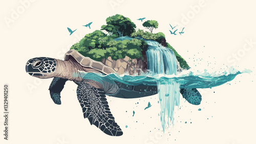 A digital illustration depicting a large sea turtle swimming in the ocean. On its back is a miniature island ecosystem, complete with lush vegetation, a small waterfall cascading down its side, and