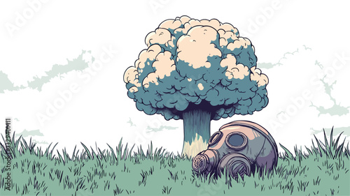 A digital illustration depicting a stylized landscape. The style is reminiscent of comic book art or graphic novel imagery, with muted pastel colors.?The scene features a large, mushroom-shaped