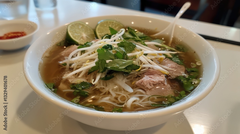 Beautifully Detailed Photo of Traditional Vietnamese Pho in Clean White Bowl: Aromatic Broth, Tender Meat, Fresh Noodles, and Vibrant Topping Beautifully Detailed Photo of Traditional Vietnamese Pho in Clean White Bowl: Aromatic Broth, Tender Meat, Fresh Noodles, and Vibrant Topping