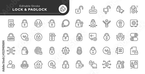 Lock and padlock line icon set. Code, anti-theft, door, biometric, digital lock, key, keyhole and more. Outline vector icon in linear style. Pictogram collection