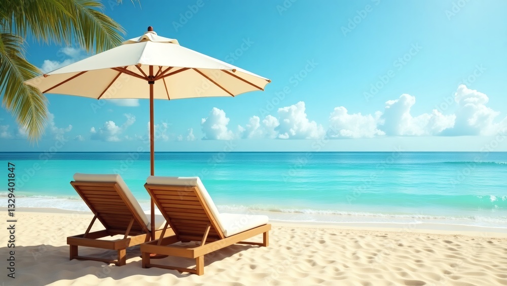 a serene beach scene with two lounge chairs under a sun umbrella, inviting relaxation. The ocean stretches into the horizon, under a clear blue sky