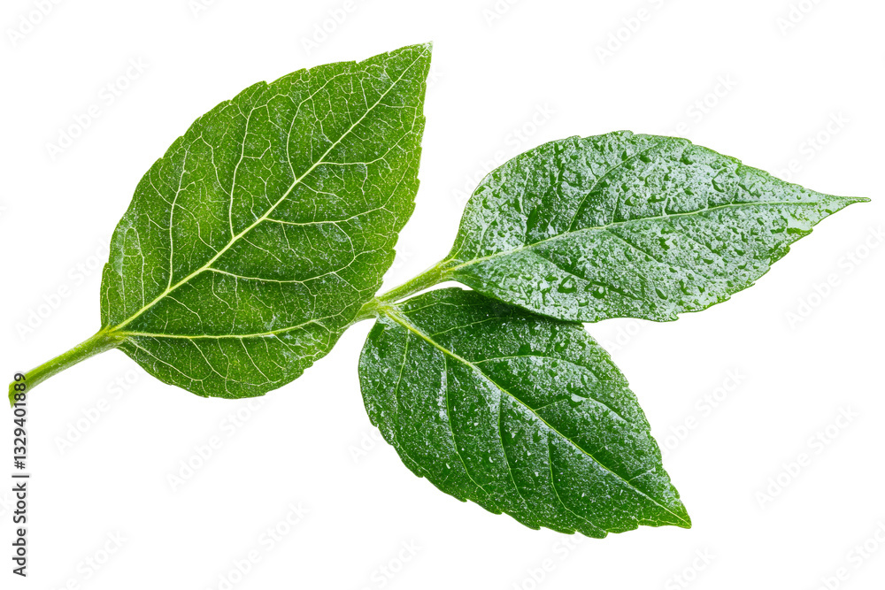 Obraz premium Green leaves with water droplets on a clear background