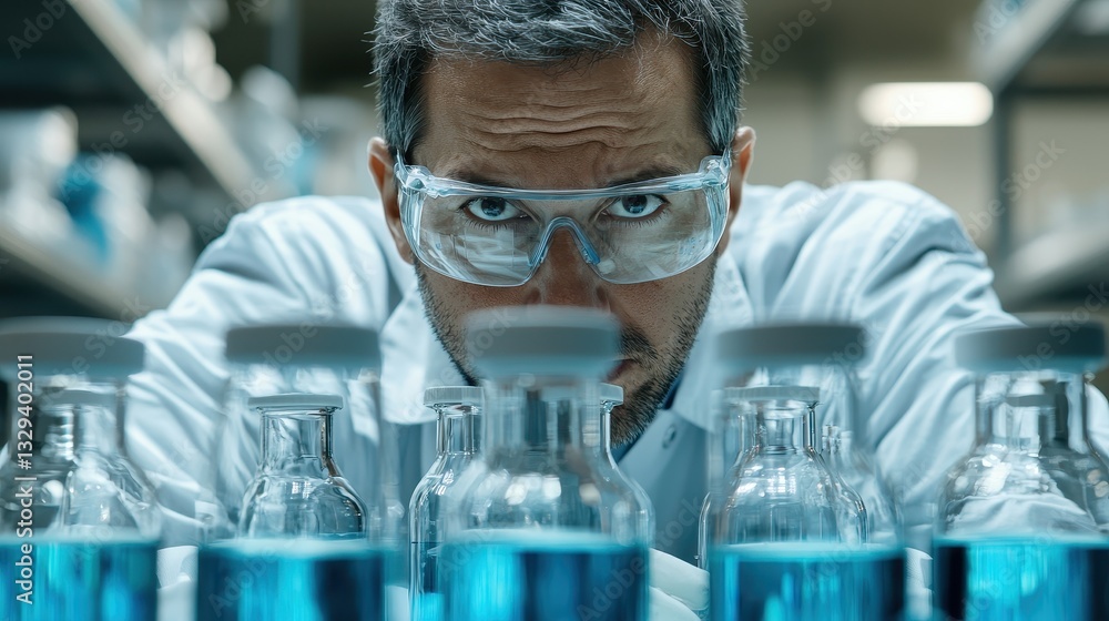 Fototapeta premium Researcher in Lab Focusing on Blue Liquid in Glass Vials