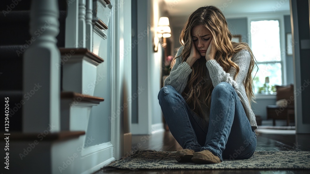 Fototapeta premium Emotional Young Woman Sitting on Floor in Quiet Home Environment