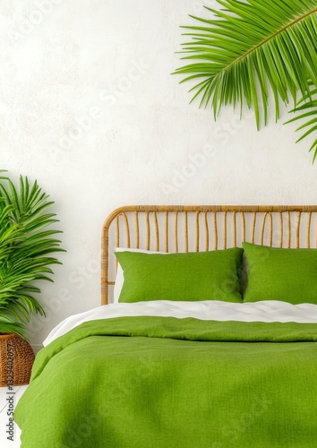 Relaxing Green Bedding in Tropical Bedroom Setting