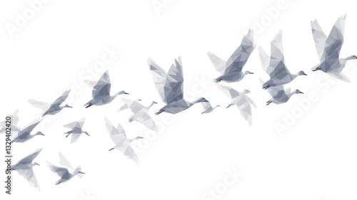 The image depicts a flock of birds in flight, rendered in shades of gray and white against a white background.  The birds are depicted in a somewhat abstract style, with a focus on the overall form