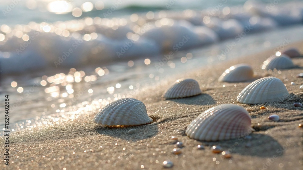 Seashells on sandy beach at sunset. Close-up of various seashells scattered on wet sand at the shoreline as gentle waves approach.  Warm sunset lighting and blurred background for peaceful seaside vib