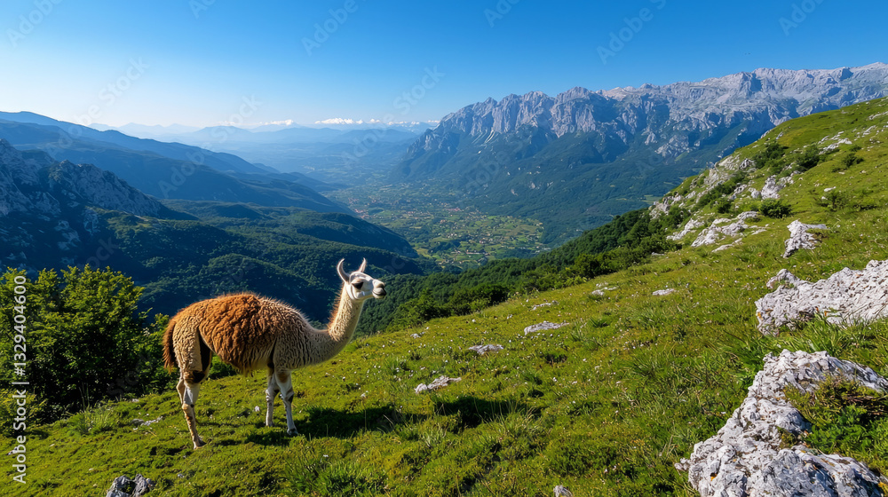 Fototapeta premium Majestic llama grazing on hillside with stunning mountainous backdrop
