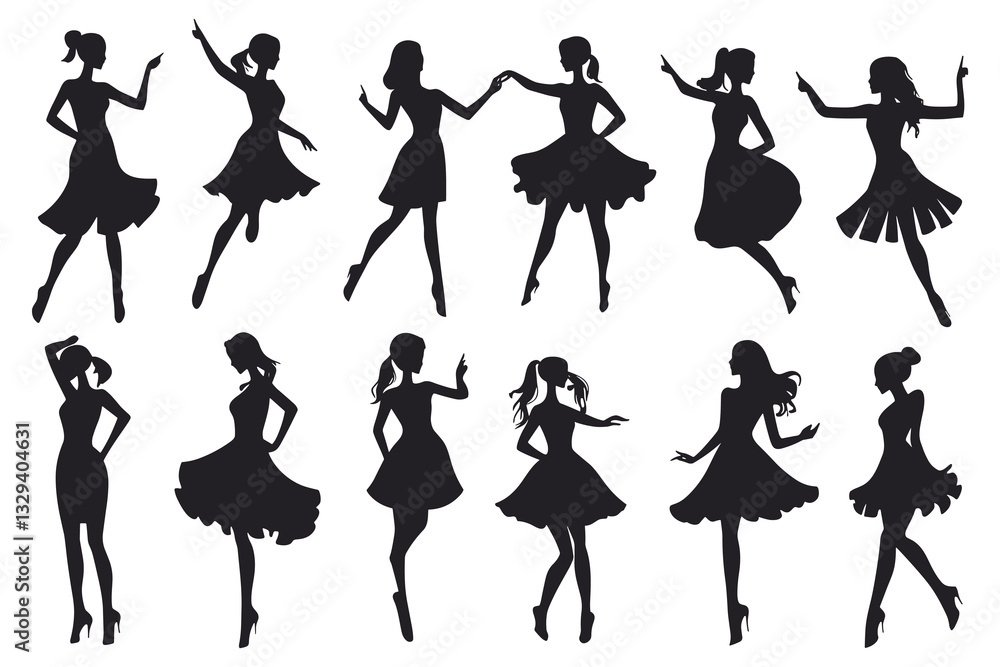 Obraz premium Dancing Women black silhouettes, Vector silhouettes of girls dancing in different positions high quality silhouettes isolated on white background