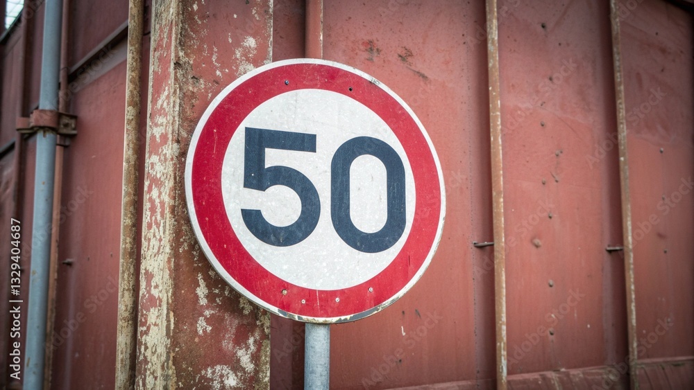 Traffic sign indicating a speed limit of 50, positioned on a roadside with a rustic red wall behind it. Ideal for transportation, safety, and road signage projects Traffic sign indicating a speed limit of 50, positioned on a roadside with a rustic red wall behind it. Ideal for transportation, safety, and road signage projects