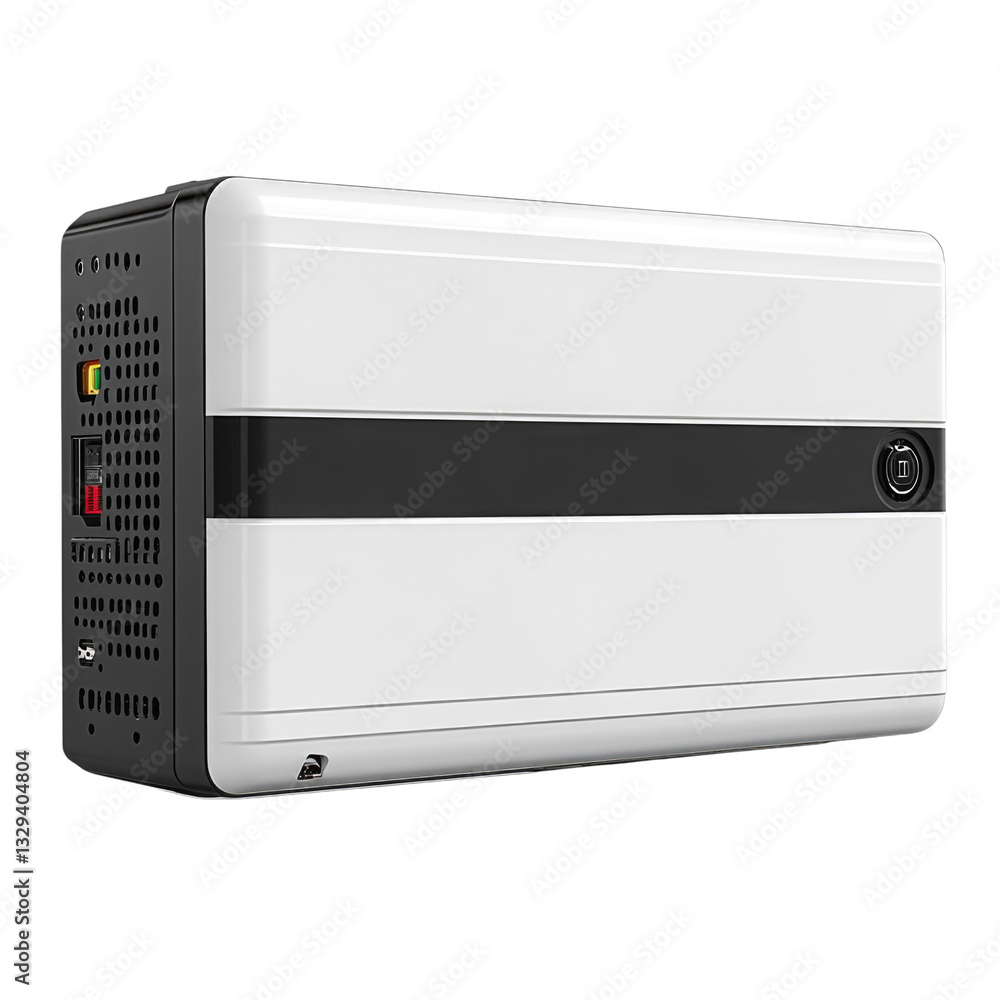 Fototapeta premium Portable battery power station with multiple outlets and sturdy design isolated on transparent background, cutout png