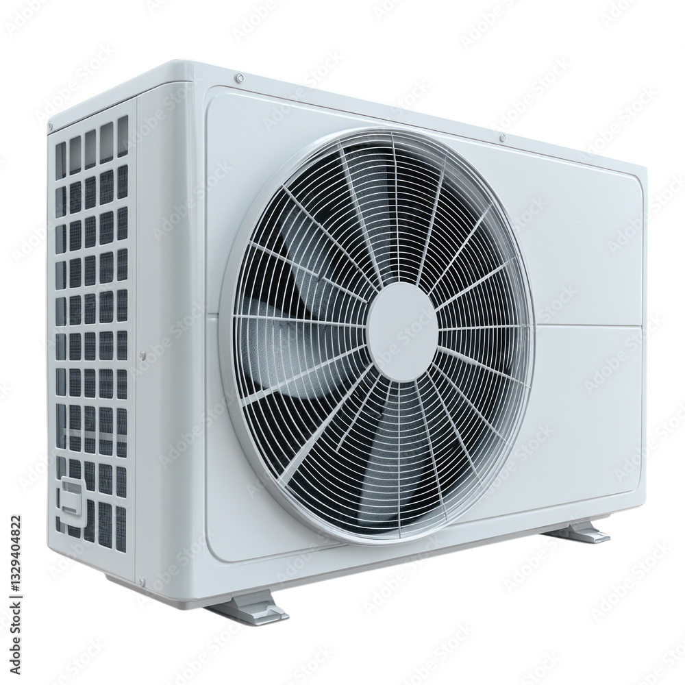 Outdoor air conditioning unit with robust fan for residential cooling isolated on transparent background, cutout png Outdoor air conditioning unit with robust fan for residential cooling isolated on transparent background, cutout png