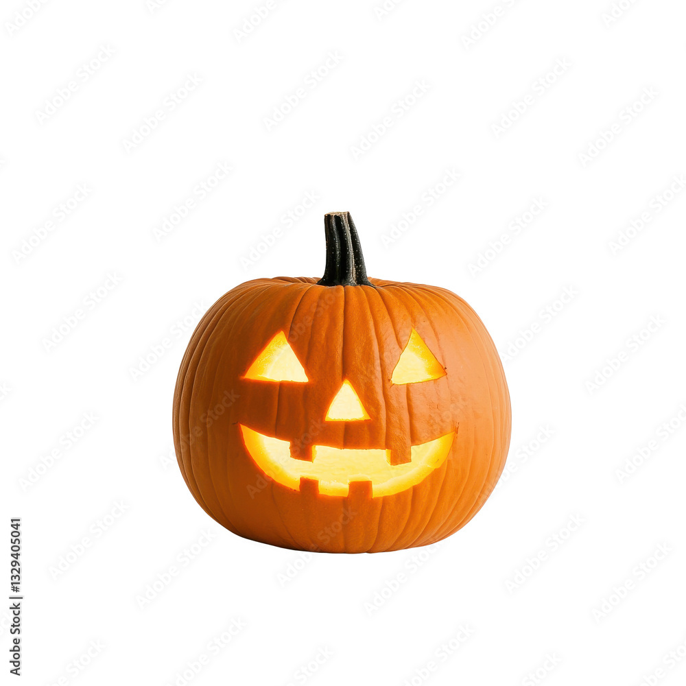Smiling carved pumpkin with glowing candle, white isolated background. Smiling carved pumpkin with glowing candle, white isolated background.