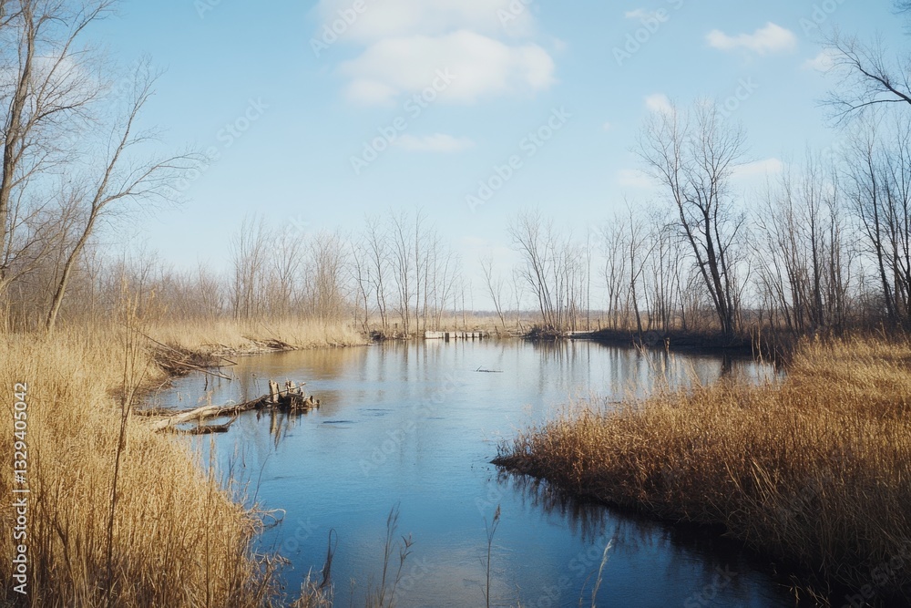 A wide, tranquil river stretches through a wintered landscape, flanked by barren trees reflecting a serene sky, evoking a cold, peaceful stillness. A wide, tranquil river stretches through a wintered landscape, flanked by barren trees reflecting a serene sky, evoking a cold, peaceful stillness.
