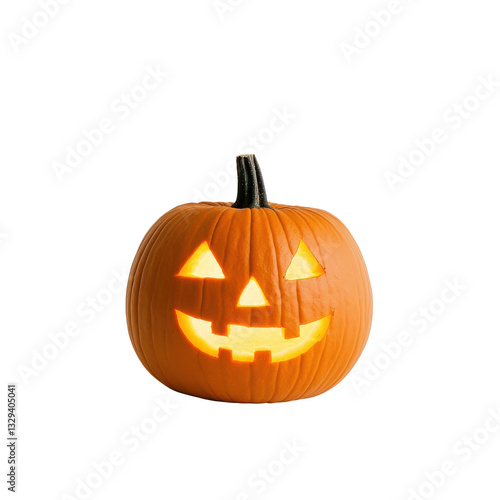 Smiling carved pumpkin with glowing candle, white isolated background.