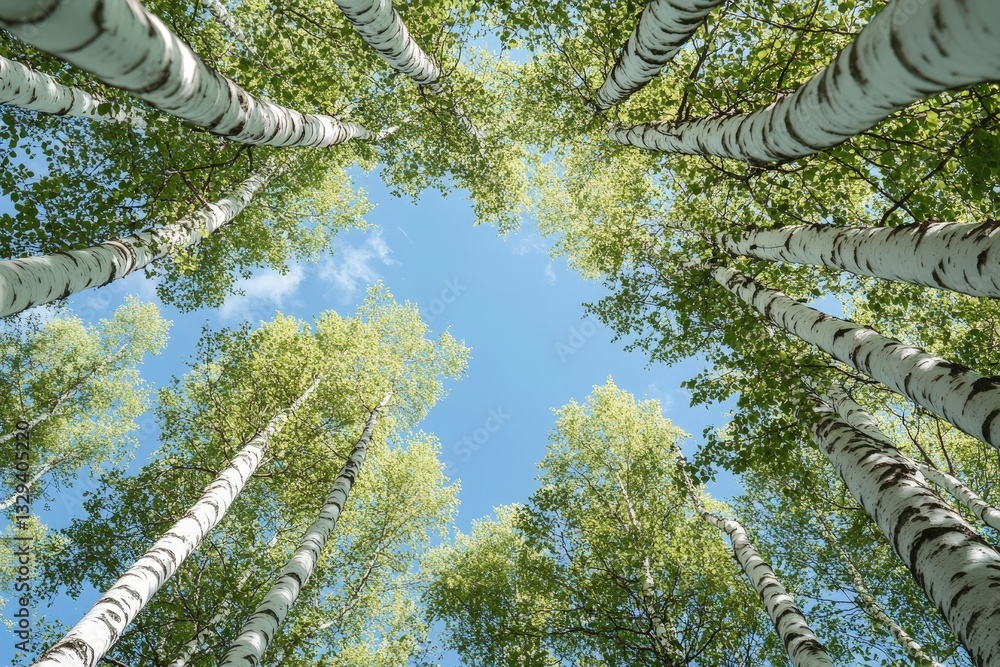 Fototapeta premium Looking Up Through Tall Trees Reaching Towards The Sky