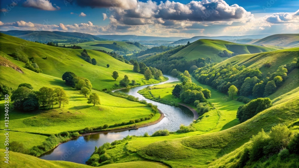 Obraz premium Serene valley landscape with lush green hills and a winding river flowing gently through it