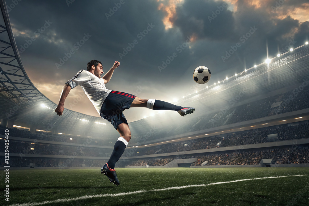 Naklejka premium Dynamic Soccer Player Kicking Ball in Stadium Spotlight