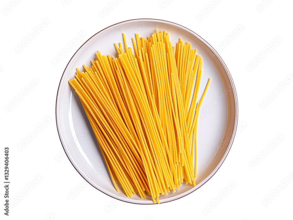 Spaghetti strands arranged neatly on a white plate from a top view, showcasing the vibrant color and texture of the pasta Spaghetti strands arranged neatly on a white plate from a top view, showcasing the vibrant color and texture of the pasta