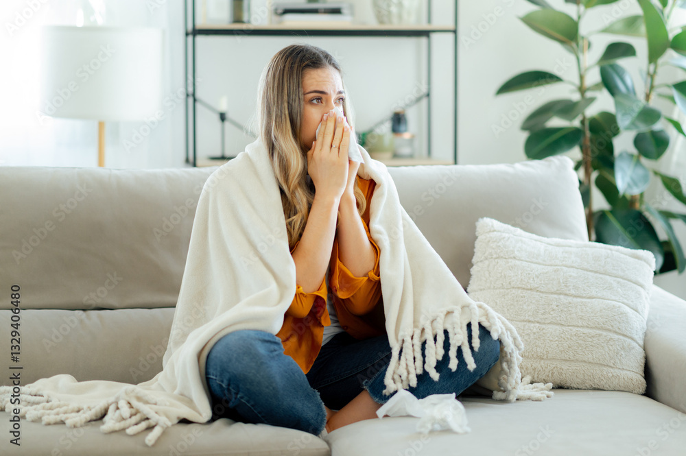 Sad unhealthy caucasian woman in a yellow shirt sits on a couch at home in living room, covered with a cozy white blanket, holds a tissue to her nose, appearing to be sick and in need of rest Sad unhealthy caucasian woman in a yellow shirt sits on a couch at home in living room, covered with a cozy white blanket, holds a tissue to her nose, appearing to be sick and in need of rest