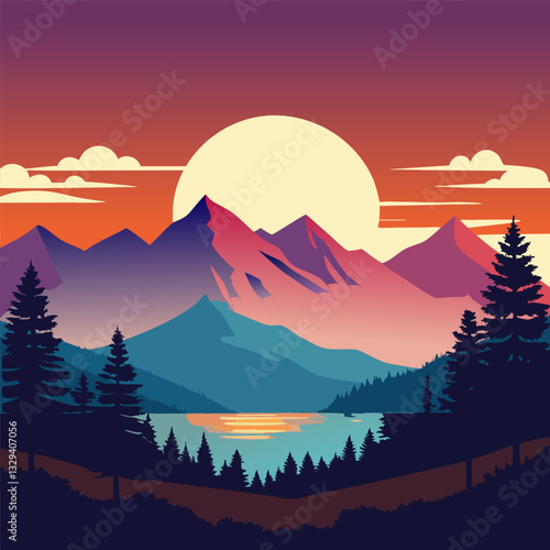Beautifull view of mountains background Landscape with lake and sun set 