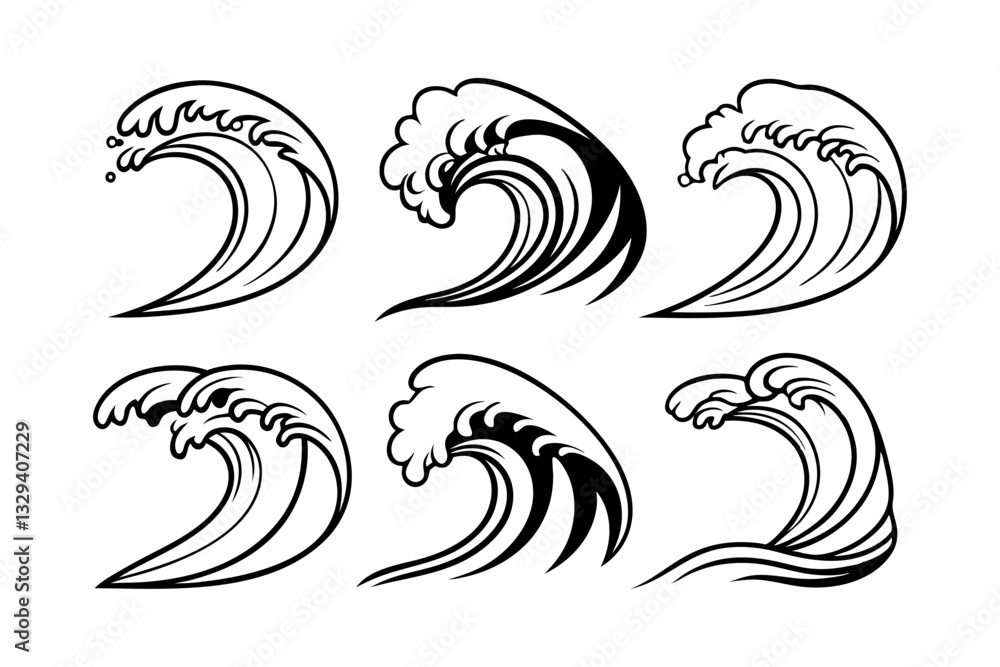 Fototapeta premium Outline Ocean round wave set on white background