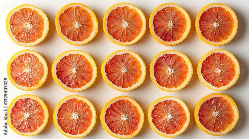 Freshly sliced grapefruit halves arranged in grid pattern, showcasing vibrant colors and textures Freshly sliced grapefruit halves arranged in grid pattern, showcasing vibrant colors and textures
