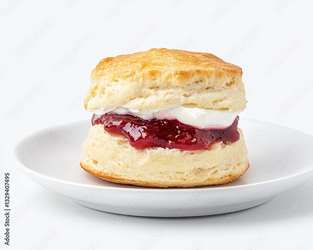 Closeup of Buttery Scone with Red Jam and Cream on White Plate Closeup of Buttery Scone with Red Jam and Cream on White Plate