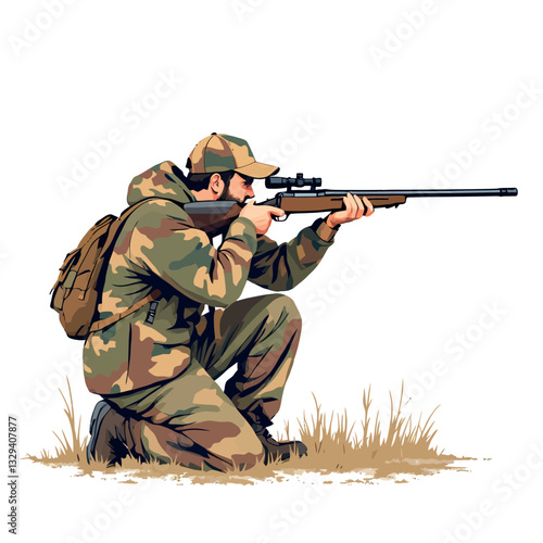 Vsai hunter kneeling and aiming with rifle and scope in nature