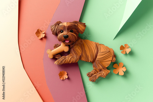 Playful paper art dog with bone and flowers on colorful background
