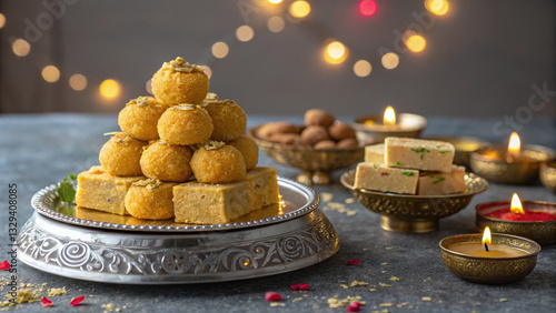 Festive Indian Sweets with Candles and Decorative Lights photo