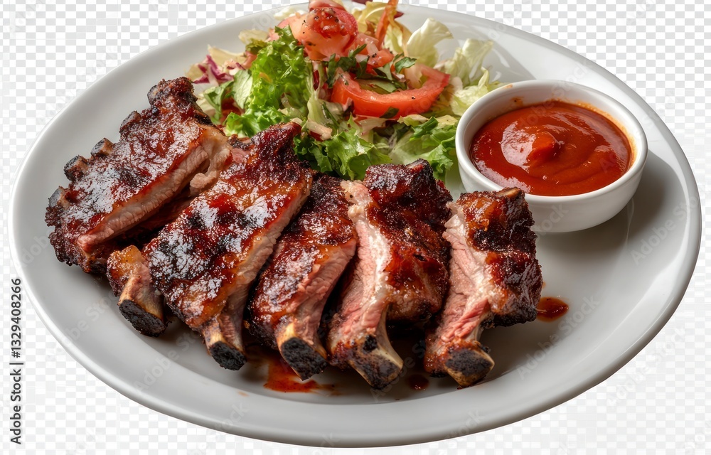 Delicious Grilled Ribs with Barbecue Sauce and Fresh Salad Plate Delicious Grilled Ribs with Barbecue Sauce and Fresh Salad Plate