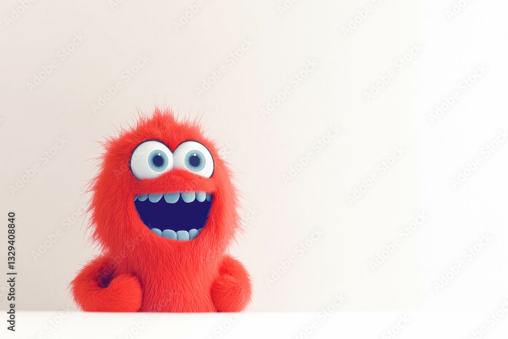 Fototapeta premium Cute red furry monster with big blue eyes and smile on blank background