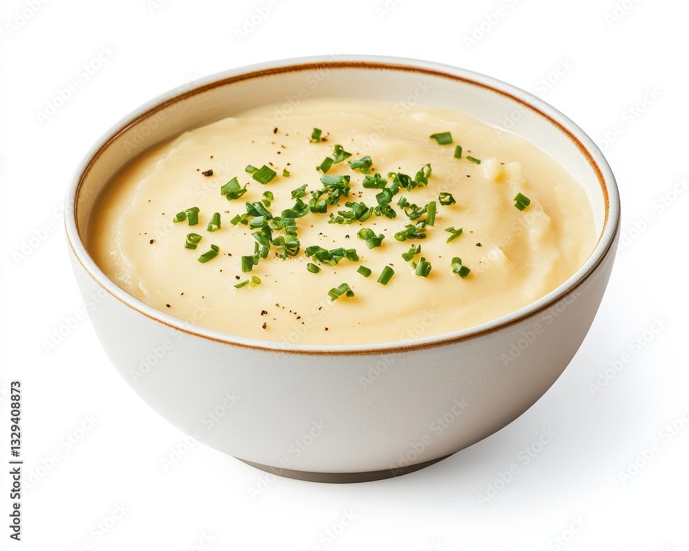 Creamy Mashed Potato Soup in a White Bowl Garnished with Chives Creamy Mashed Potato Soup in a White Bowl Garnished with Chives