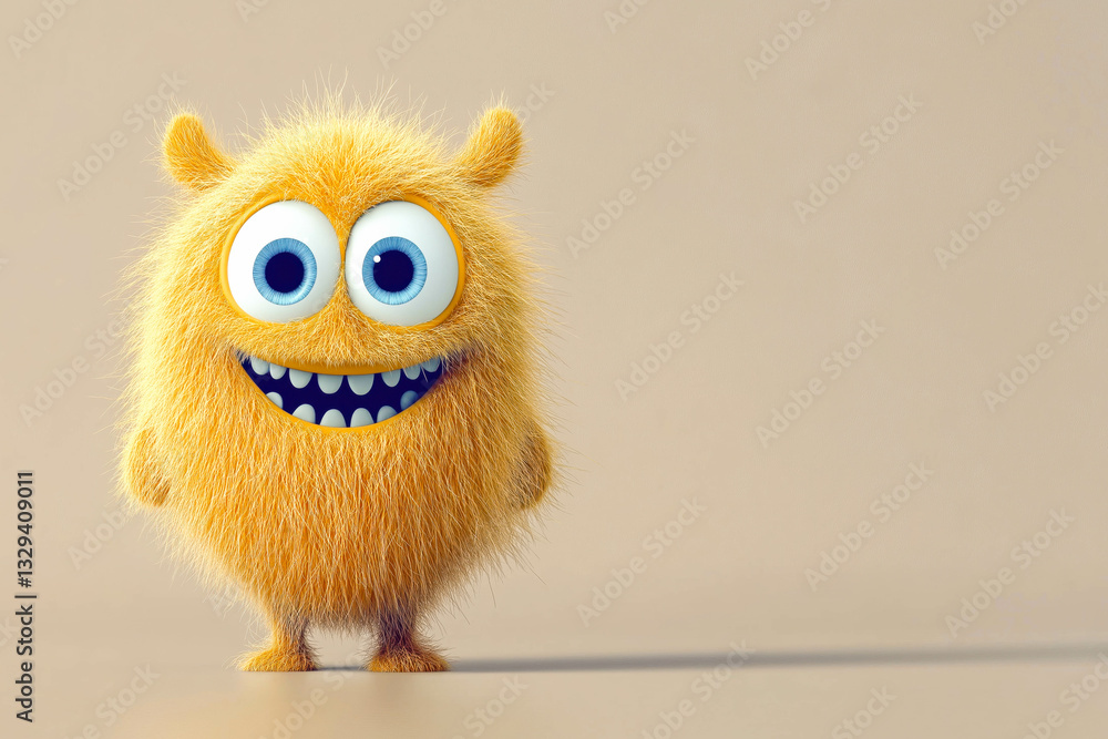 Obraz premium Cute yellow furry cartoon monster with blue eyes and big smile on beige background
