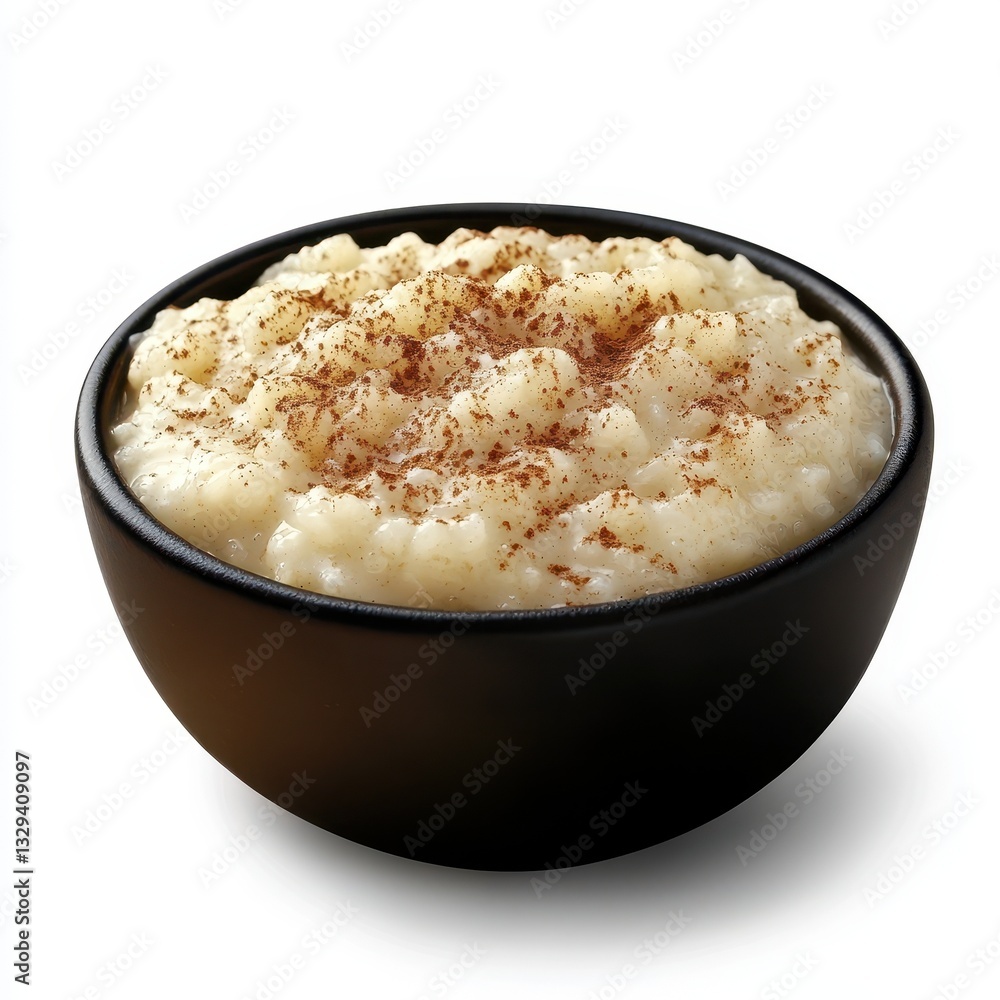 Creamy Rice Pudding in Black Bowl with Cinnamon Sprinkle Creamy Rice Pudding in Black Bowl with Cinnamon Sprinkle