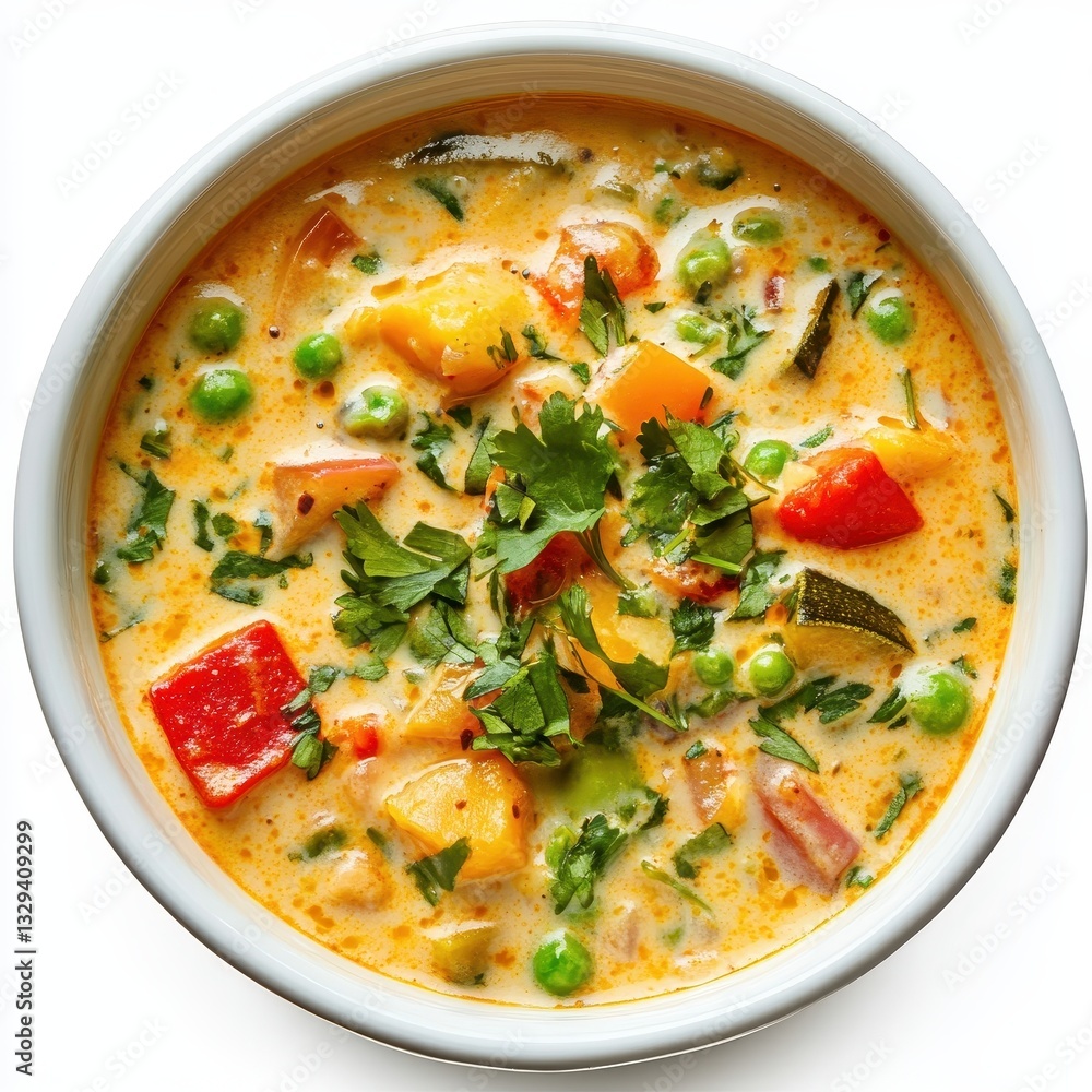 Creamy Vegetable Curry Soup with Mango and Cilantro in White Bowl Creamy Vegetable Curry Soup with Mango and Cilantro in White Bowl