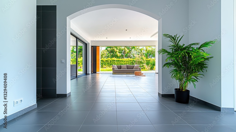 Fototapeta premium Modern interior hallway with arched opening and garden view