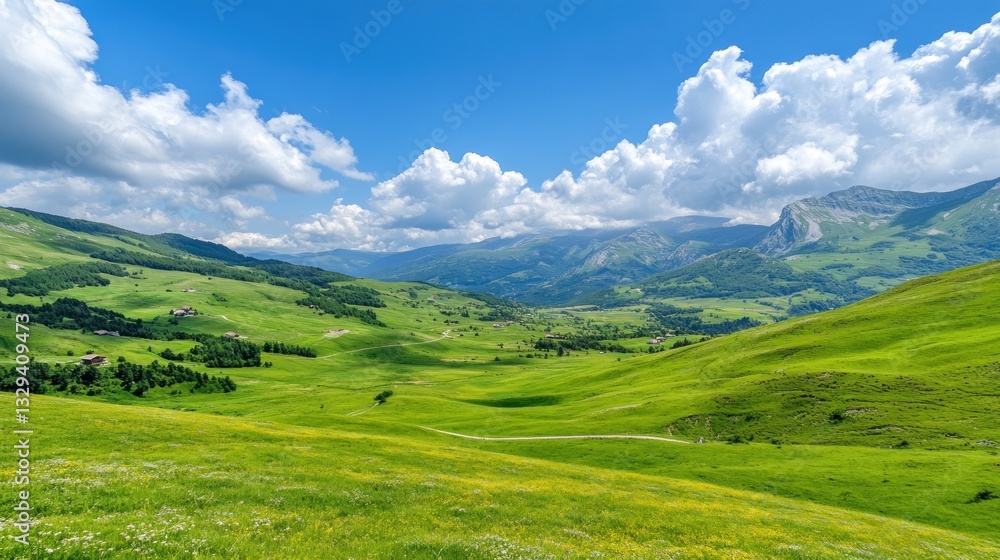 Fototapeta premium Serene Mountain Valley Landscape under a Summer Sky