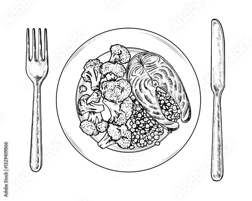 Hand drawn vector illustration of a balanced plate rule for healthy eating. Black and white top view sketch showing proper portions of proteins, fats, carbohydrates, and fiber. Isolated background