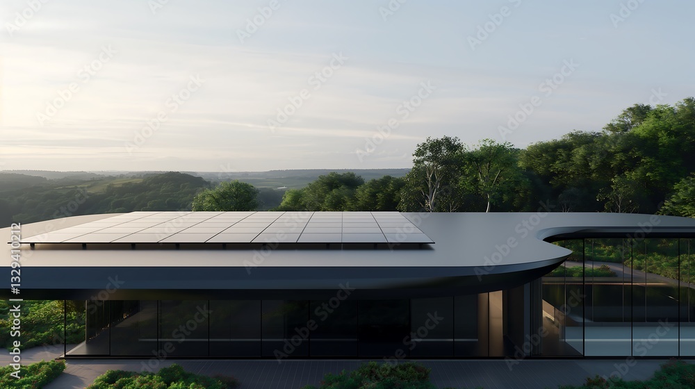 A futuristic solar panel system on the rooftop of a modern eco-friendly house, sleek black photovoltaic panels blending seamlessly with the architecture, lush greenery and blue sky in the background A futuristic solar panel system on the rooftop of a modern eco-friendly house, sleek black photovoltaic panels blending seamlessly with the architecture, lush greenery and blue sky in the background