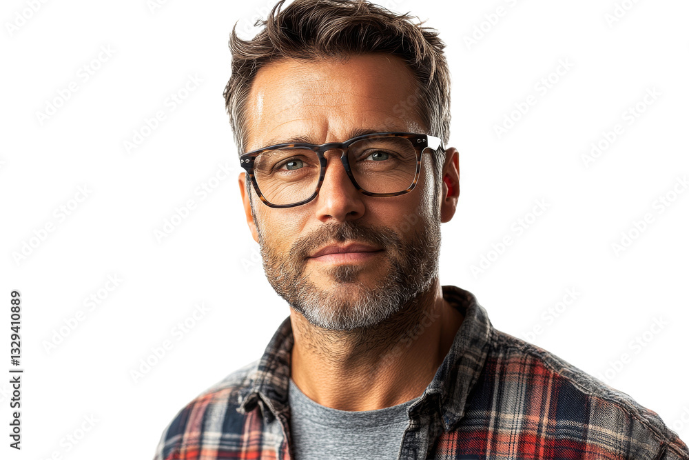 Middle aged man with glasses and beard in plaid shirt Middle aged man with glasses and beard in plaid shirt
