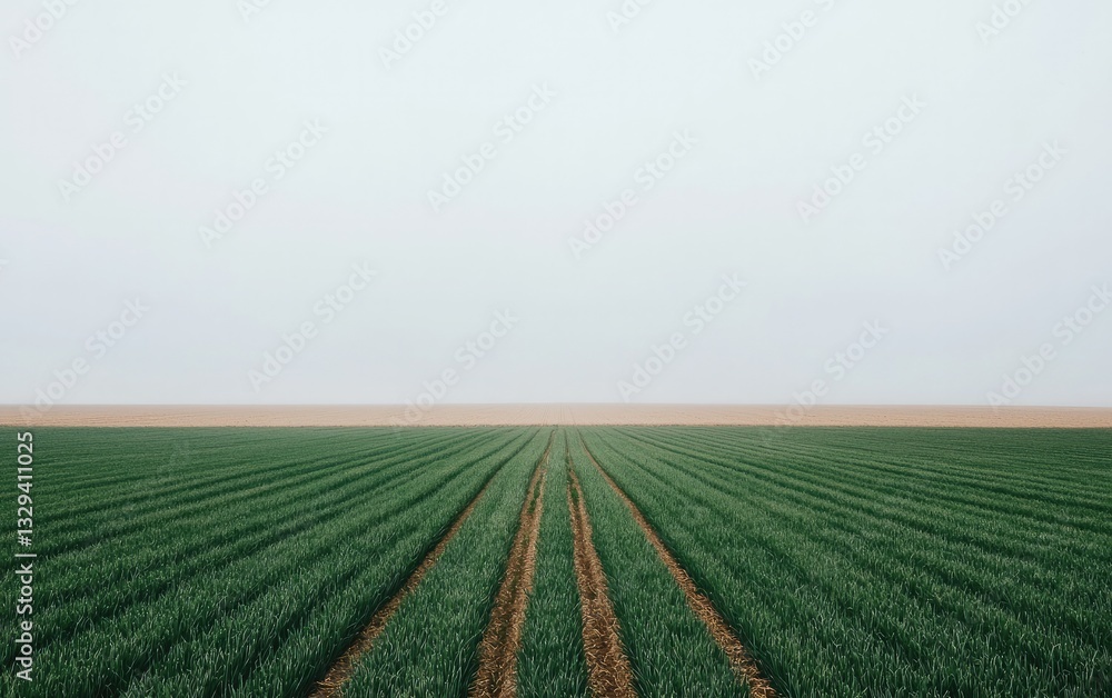 Vast Green Agricultural Field Under Hazy Sky Vast Green Agricultural Field Under Hazy Sky