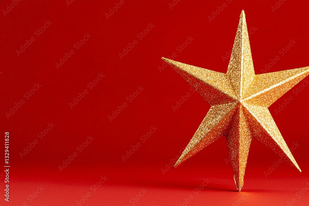 Golden Christmas Star Ornament on Red Background for Holiday Decoration Golden Christmas Star Ornament on Red Background for Holiday Decoration