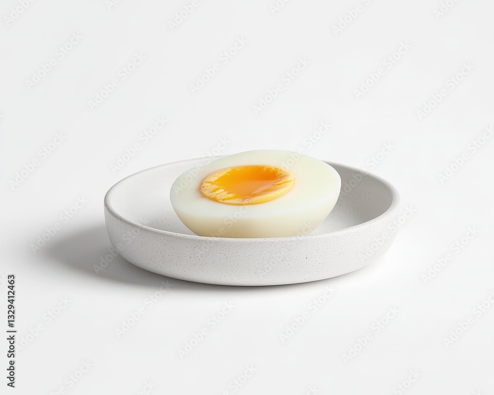 Half Boiled Egg on Speckled White Plate Against White Background Half Boiled Egg on Speckled White Plate Against White Background
