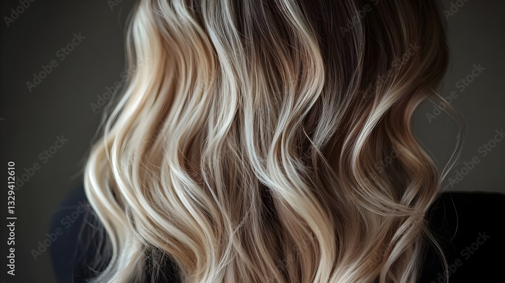 Naklejka premium A realistic close-up photo of a balayage hairstyle, semi-blonde hair. represents Hair Beauty and Styling, professional hair coloring, salon-quality hair care and the elegance of balayage, beauty.