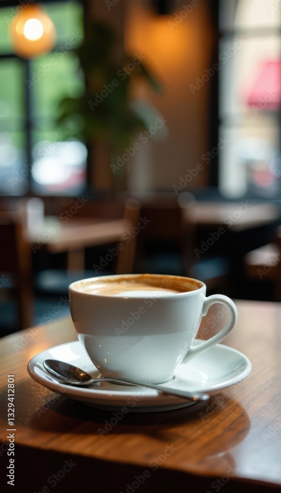 Fototapeta premium A porcelain coffee cup with a spoon rests in a cafe setting Wooden table, soft bokeh , spoon, morning