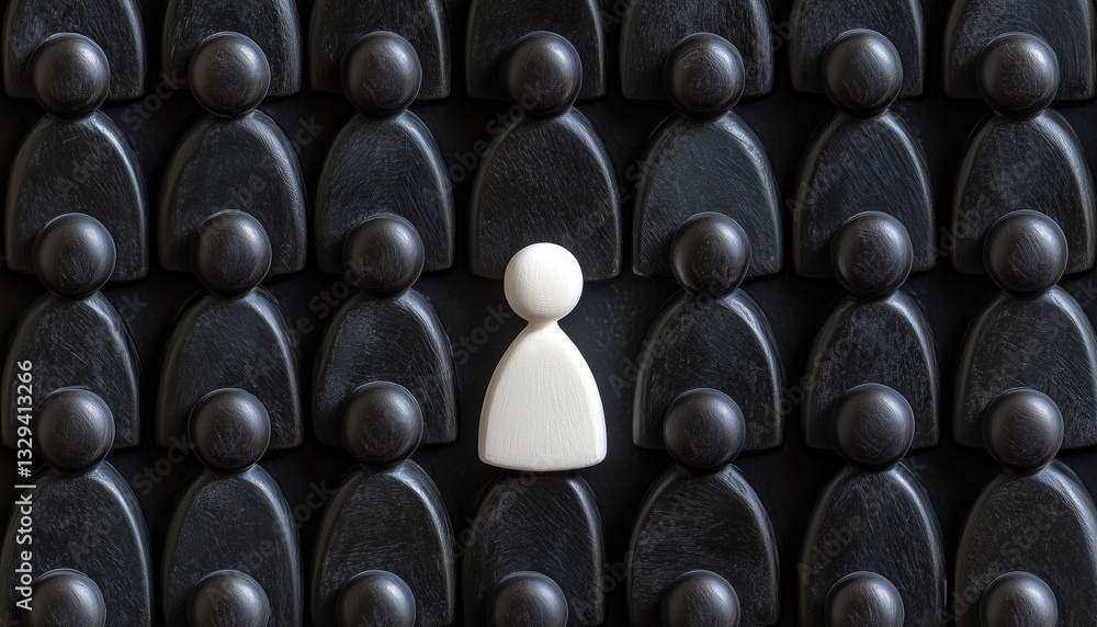 Single white figure standing out among black identical figures, strong concept of individuality, uniqueness, leadership, and breaking stereotypes in abstract symbolic art Single white figure standing out among black identical figures, strong concept of individuality, uniqueness, leadership, and breaking stereotypes in abstract symbolic art