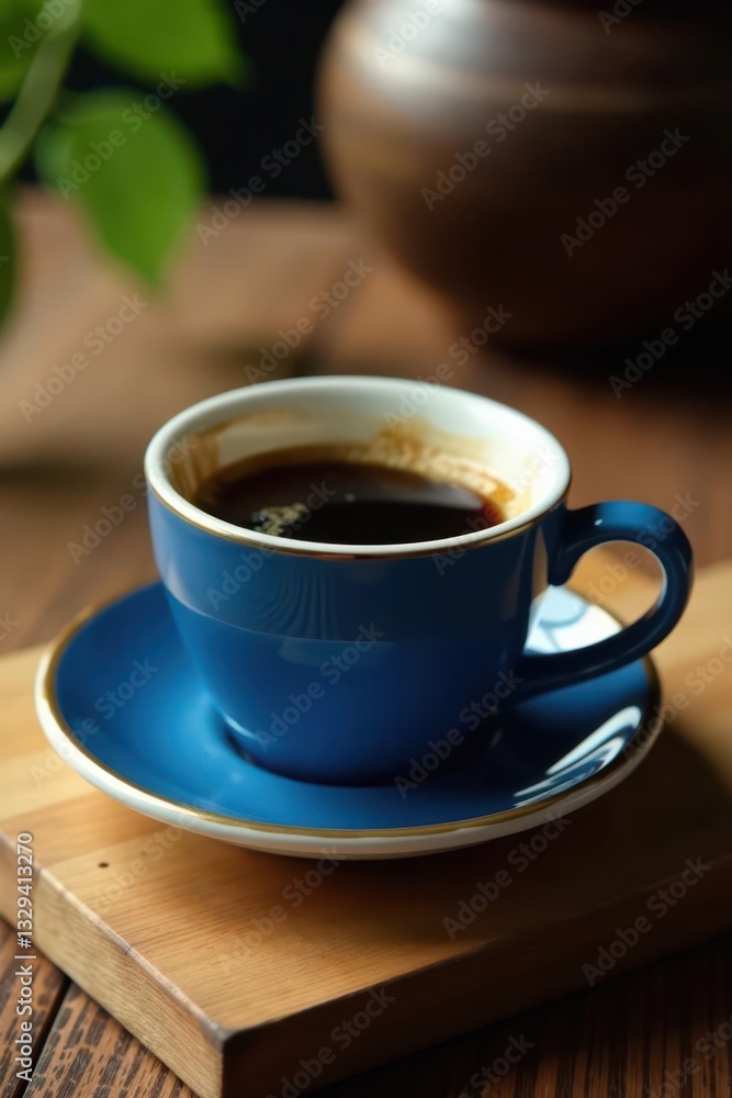 Fototapeta premium A rich brew fills a vibrant blue ceramic cup; it sits on a simple wooden tabletop , breakfast, wooden surface